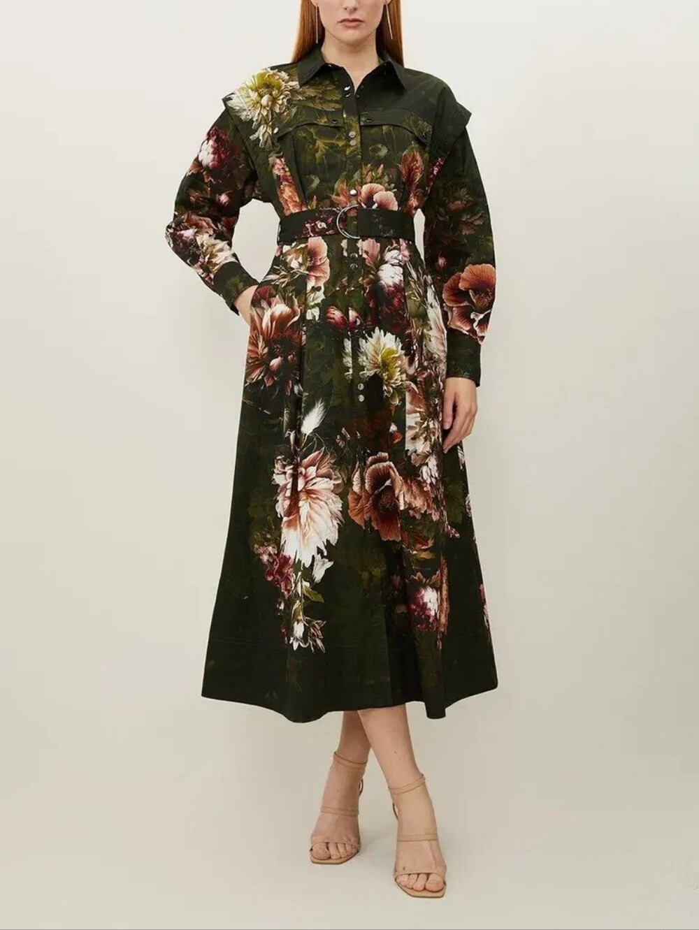 Karen Millen Petite Green Floral Cotton Maxi Shirt Dress